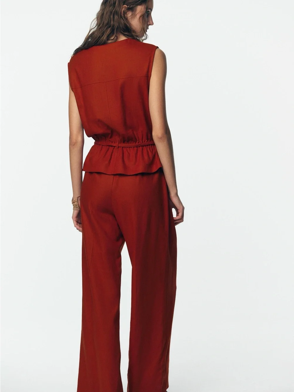 Zara Rust Red linen Sleeveless Wide-Leg Jumpsuit playsuit with Tie Waist